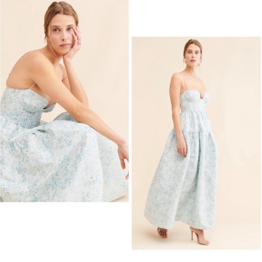 Pale Blue Floral Strapless Maxi Dress